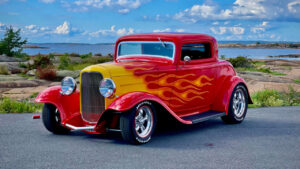 Red and yellow flame Ford '32 Coupe Hot Rod.