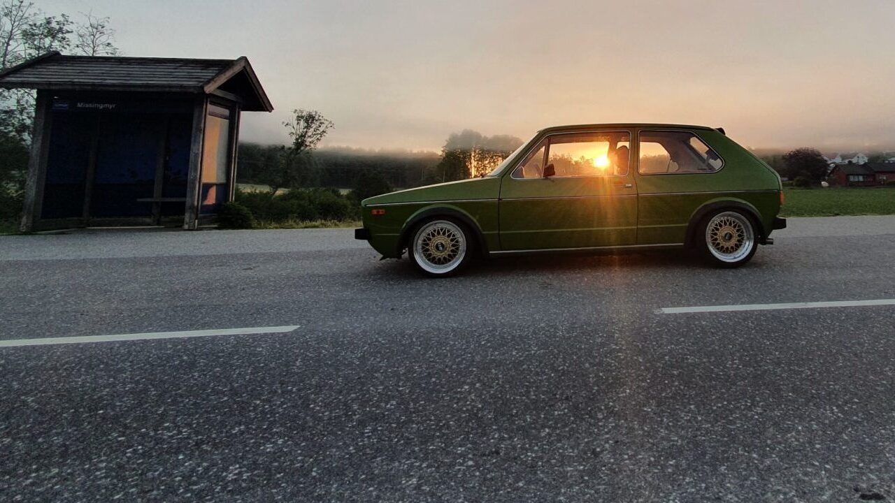 Modified Lofoten Green Mk1 VW Golf in the sunset.