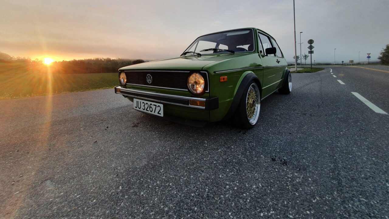 Modified Lofoten Green Mk1 VW Golf in the sunset.